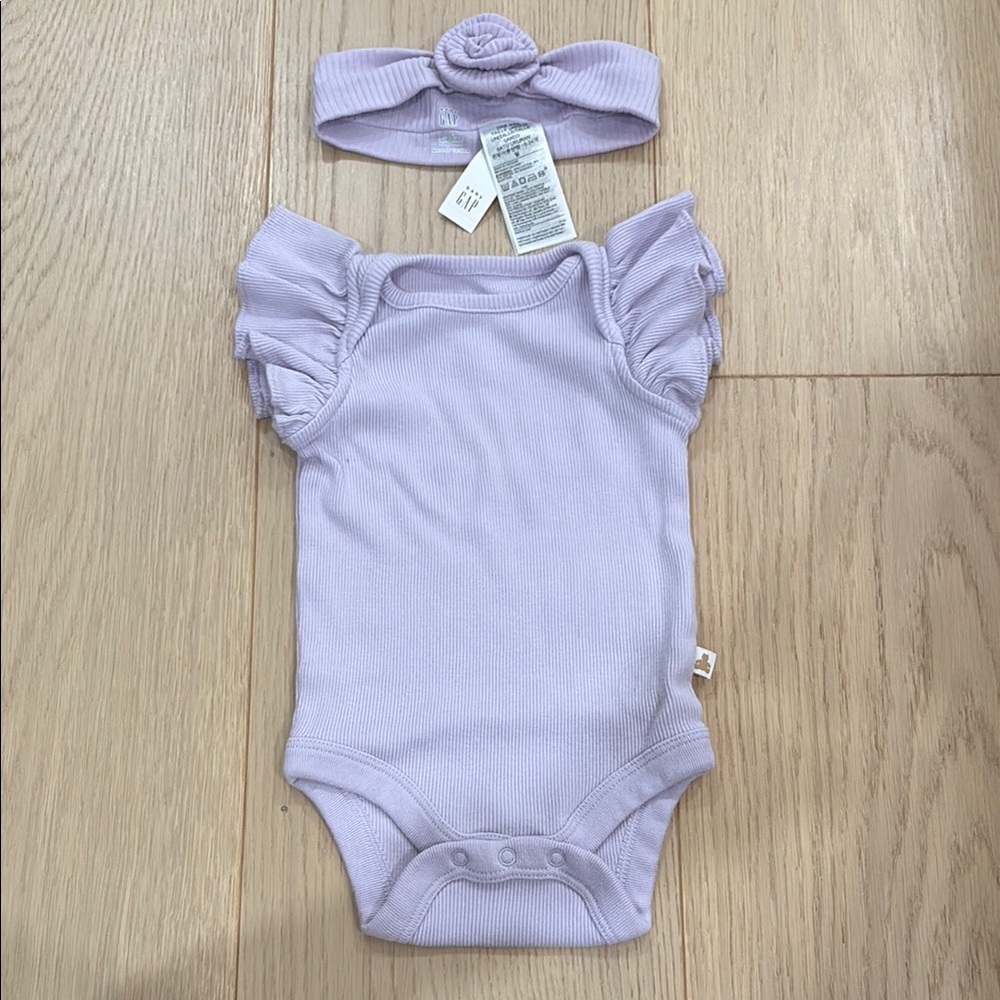 2/$20 Baby Gap Lavender Ruffled Sleeve Baby Onesie With Matching Headband